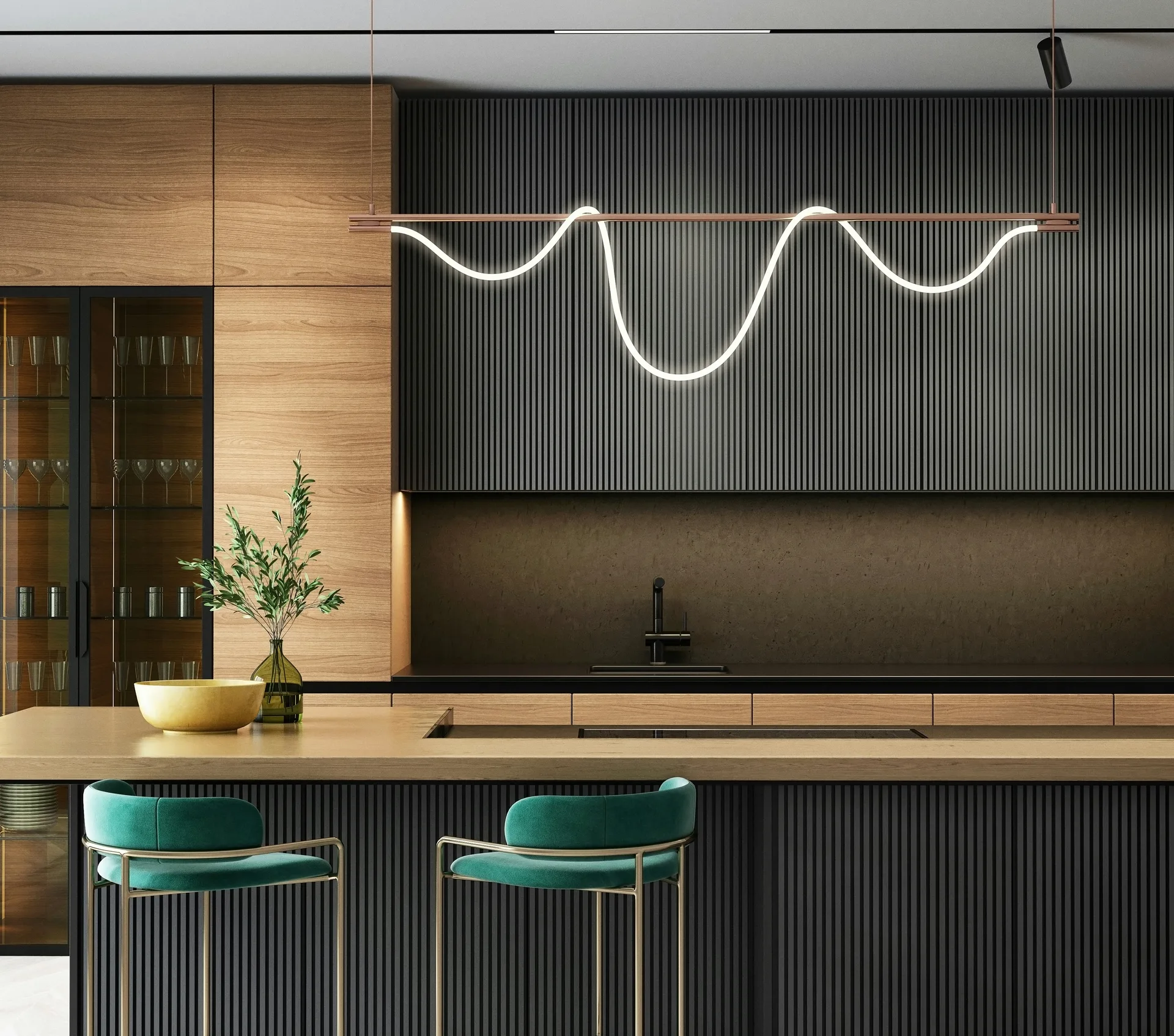 Sala de estar com marcenaria planejada, painel ripado e iluminação embutida.